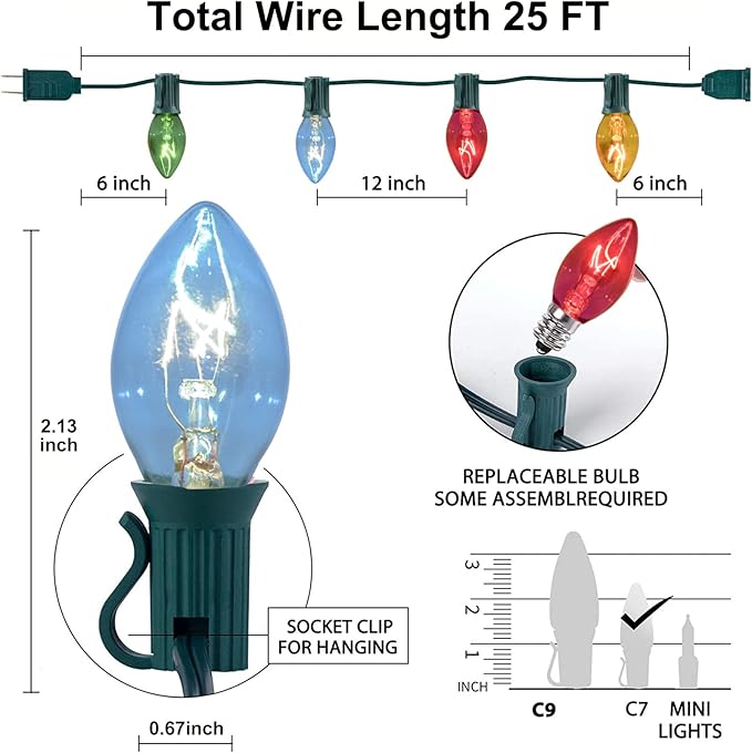 Abeja 25Ft Multicolor Christmas Lights, C7 Outdoor Christmas Light with 27 Clear Colorful Bulbs (2 Spare), Vintage Outdoor String Lights for Christmas Holiday Prom Roofline Party Wedding Decor, Green