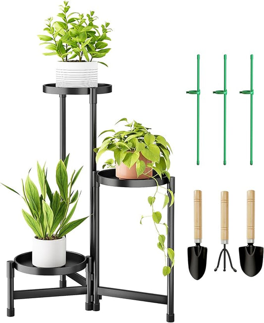 3 Tier Metal Plant Stand Indoor, Rotatable Corner Plant Shelf Outdoor, Tiered Flower Pot Display Stand, Multiple Plants Holder for Patio Living Room Balcony Garden Home Decor - Black