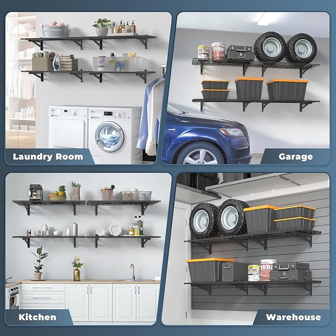 4 Pack Heavy Duty Garage Wall Shelving Set (1.5x4ft), Wall Mounted Garage Shelves 1000lbs Capacity, 18"x96" Shelf Storage Rack Floating Shelves, Black