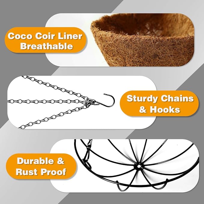 Hanging Plant Basket Flower Holder (2pack, 16 inch)-Metal Wire Round Hanging Basket Planter with Coco Fiber Liners for Plants Flower Pots Outdoor Garden Porch and Balcony Decor