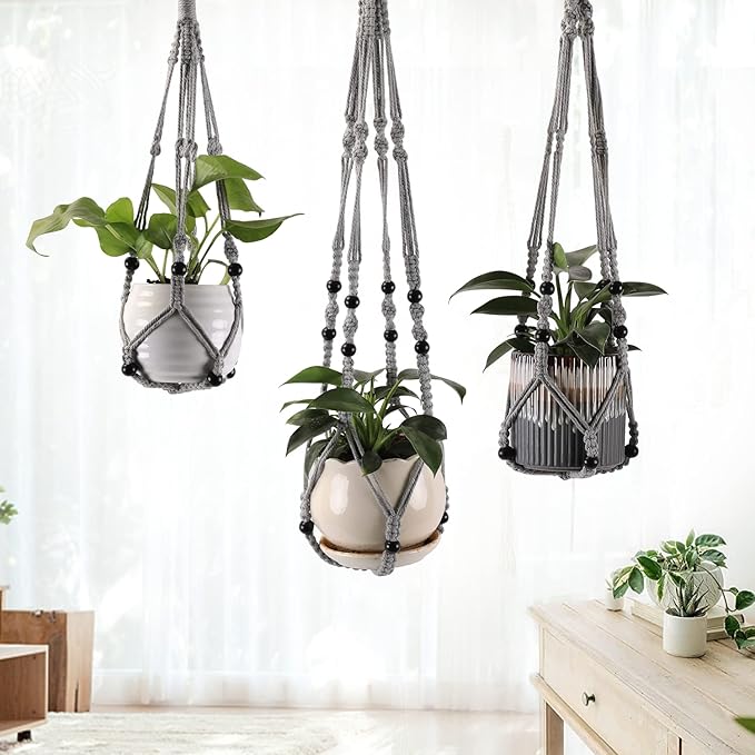 3-Pack Macrame Plant Hanger Indoor - Hanging Planter Basket for Indoor Outdoor - Decorative Boho Plant Holders Set with Beads - Ceiling Flower Pot Holder with 6 Hooks - 35"/30"/24" Gray