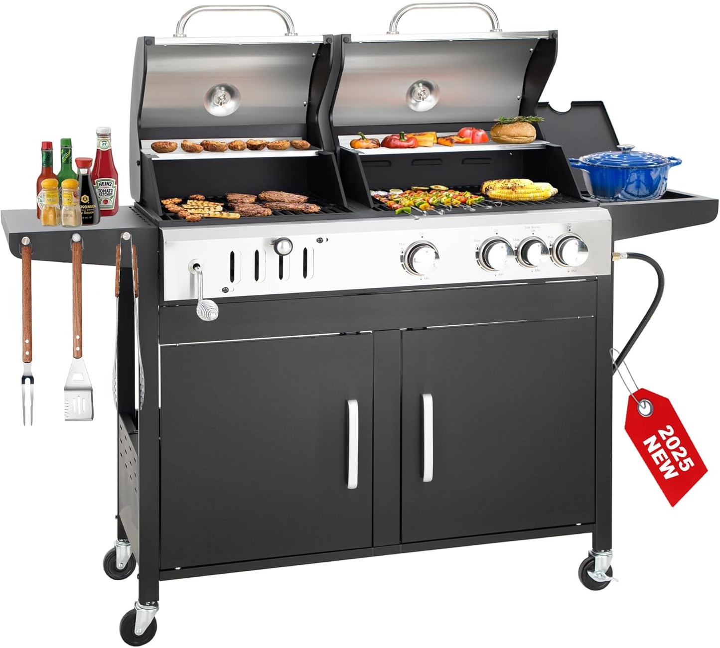 3 Burner Propane Gas and Charcoal Grill Combo with Side Burner & Porcelain-Enameled Cast Iron Grates, 37,000 BTUs 685 SQIN Dual Fuel Outdoor BBQ Grill for Patio Garden Picnic Backyard Barbecue Cooking