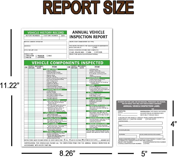 Annual Vehicle Inspection Report Form Dot Annual Inspection Forms and Stickers, 25-pk 3-Ply Carbonless Adhesive Vinyl Label 2-Ply, Driver Vehicle Inspection Report Book for Truck Drivers