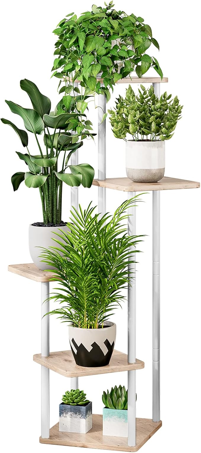 AZERPIAN Plant Stand 5 Tier Indoor Metal Flower Shelf for Multiple Plants Corner Tall Flower Holders for Patio Garden Living Room Balcony Bedroom, Black (5 Tier-White)