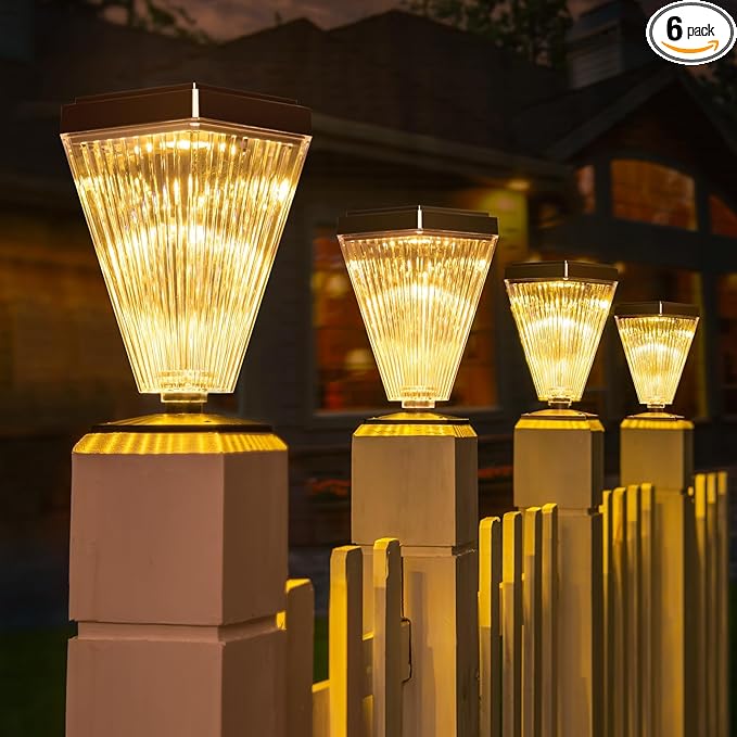 Solar Post Cap Lights 6 Pack Outdoor Waterproof Solar Fence Post Lights Sun Powered Pillar Lights Garden Decorative Yard Patio Walkway Pathway Lights
