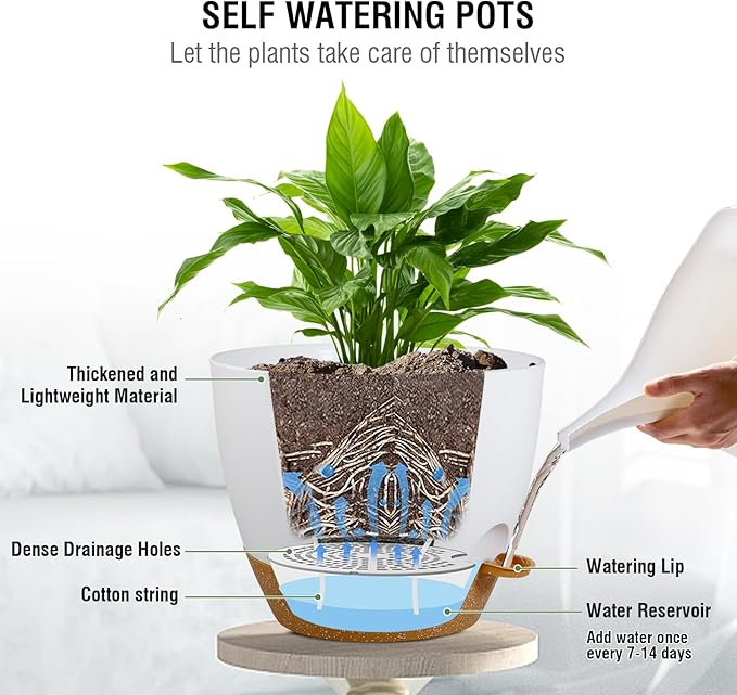 Self Watering Hanging Planters 10 inch, 2 Pack Hanging Baskets for Indoor Outdoor Plants, Hanging Flower Pots with Drainage Holes & 2 Kinds of Plant Hangers for Garden Home Décor, White Brown
