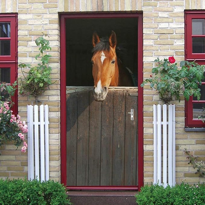 Horse 3D Door Stickers Murals - Peel & Stick - Waterproof & Washable - Rustic Brown Animal Print - Matte Finish - Door & Wall Decals - 31.5" x 78.7" (2 Parts)