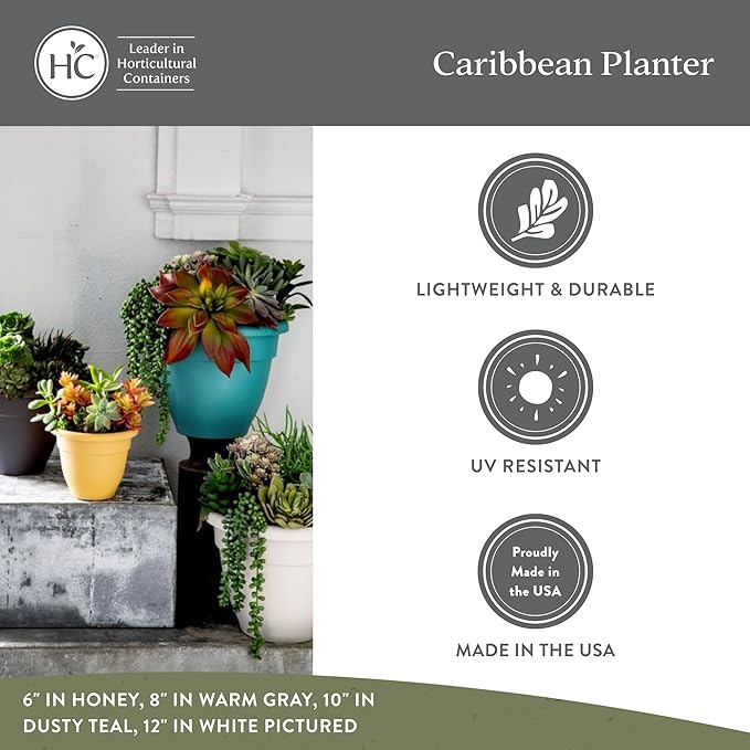 The HC Companies 8 Inch Caribbean Planter - Lightweight Indoor Outdoor Plastic Plant Pot for Herbs and Flowers, Cottage Stone