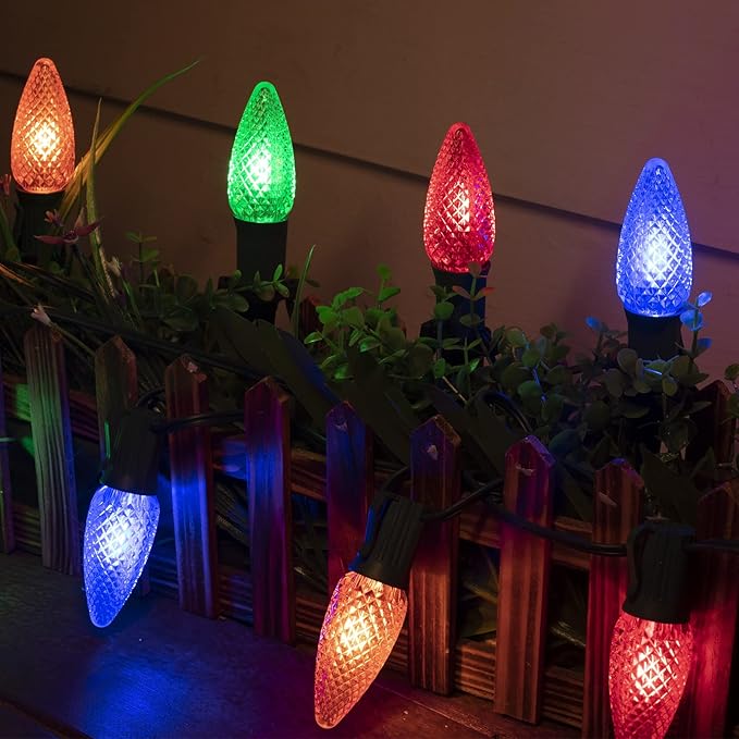 C9 Christmas Pathway Lights Outdoor, 25.7 Feet 20 LED C9 Strawberry Walkway Lights with Marker Stakes, Connectable Shatterproof C9 String Lights for Outside Yard Decorations, Multicolored, 2 Pack