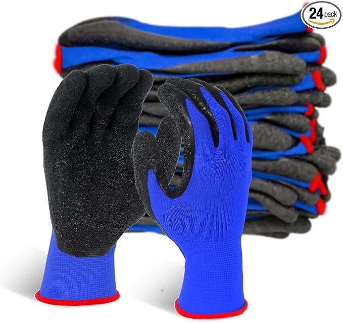 Evridwear Crinkle Latex Rubber Hand Coated Safety Work Gloves for Men Women General Multi Use Construction Warehouse Gardening Assembly Landscaping (Medium,Blue- 12Pair)