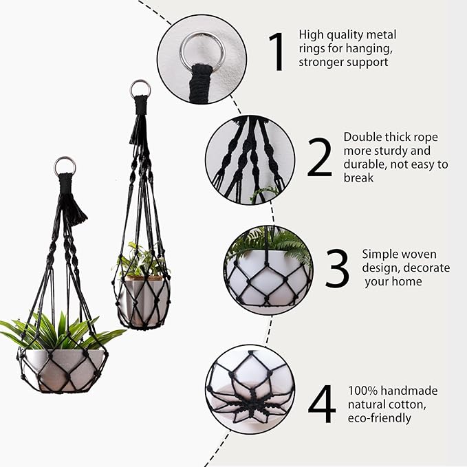 Artilady Black Plant Hanger Macrame Hanging Planter for Indoor Boho Plants Holder with Hooks Hanging Plant Basket Outdoor Window Wall Plants Home Decor
