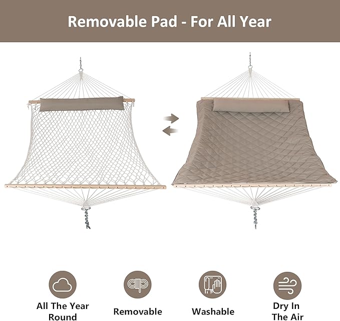 ANOW 2 Person Hammock with Spreader Bars, Rope Hammock with Pad for Outside, 450 LBS Weight Capacity, Light Brown