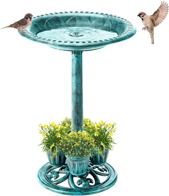 Bird Bath for Outside with 4 Removable Flower Planters 28in Polyresin Lightweight Vintage Birdbath Stake Standing Bowl and Water Feeder Yard Gardan Decor Green