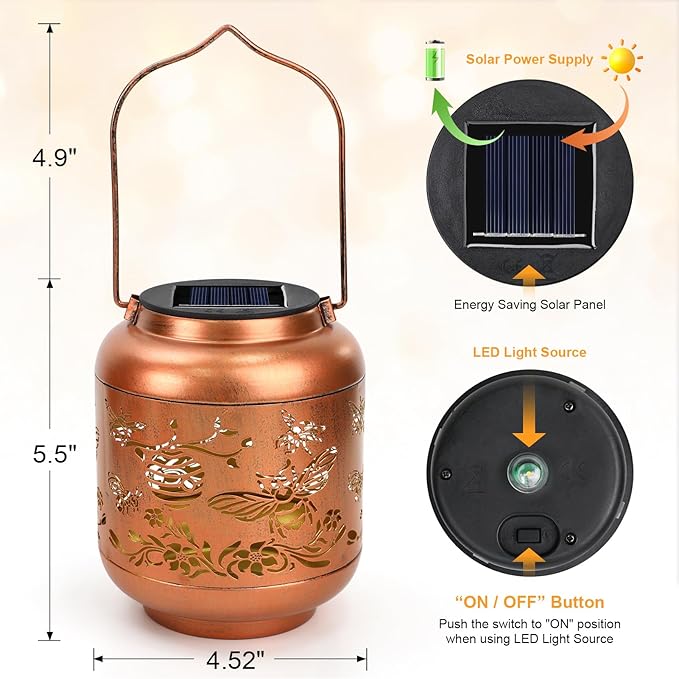 Gifts for Mothers Day Women Mom Grandma Solar Lantern Outdoor Waterproof Bee Garden Decor Hanging Solar Lights Yard Decorations Outdoor, Birthday Gifts for Mom, Backyard, Patio, Porch