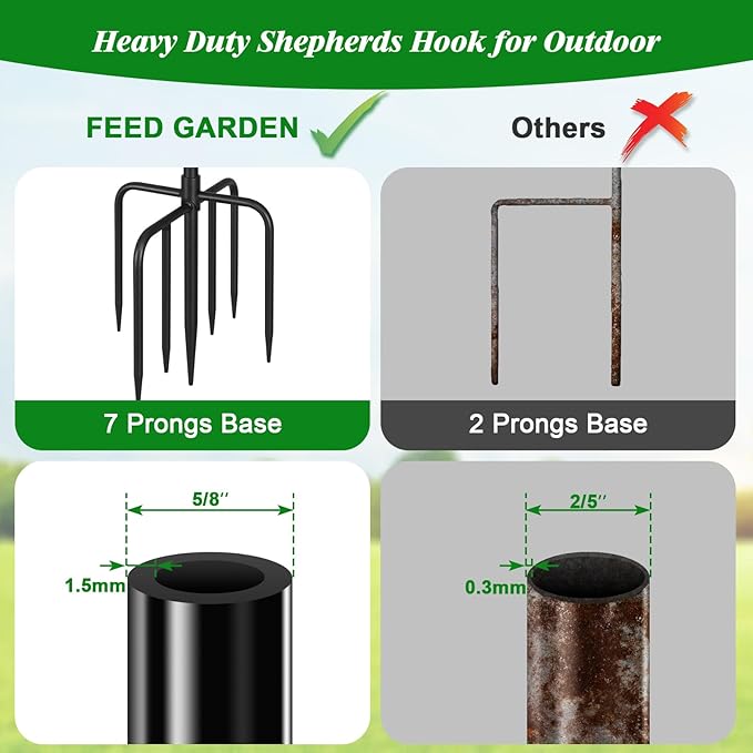 FEED GARDEN [Upgrade Version Adjustable Shepherds Hook Bird Feeder Pole with 7 Prongs Base, 76 Inch Tall Heavy Duty Outdoor Garden Poles for Hanging Bird Feeders, Plant Baskets, Black (1 Pack)