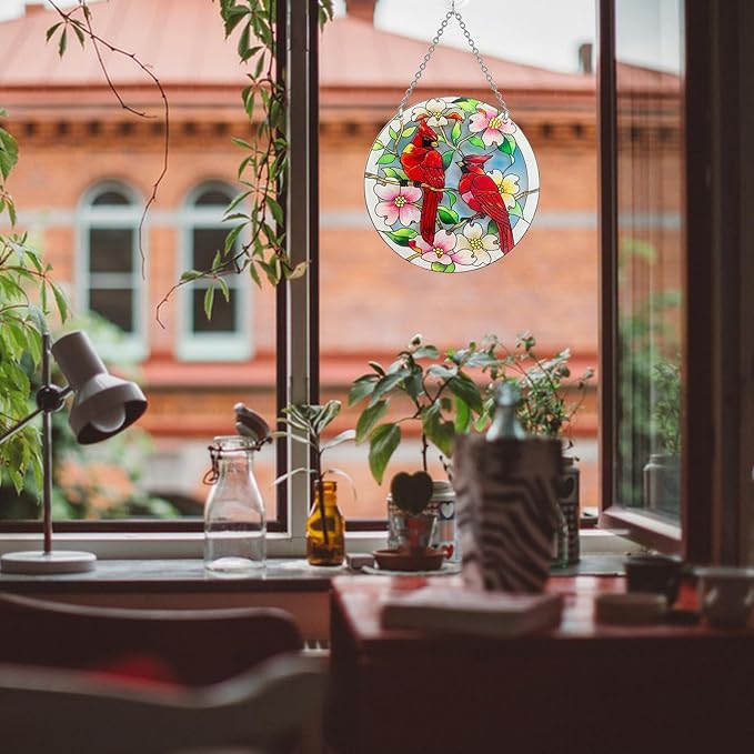 AUFURI Large Size Cardinal Suncatcher - 8.6 inch Stained Glass Window Hanging - Pairs of Red Cardinal Birds - Cardinal Gifts for Women, Hand Painted Glass Cardinal for Birds Lover, Window (8.6inch)