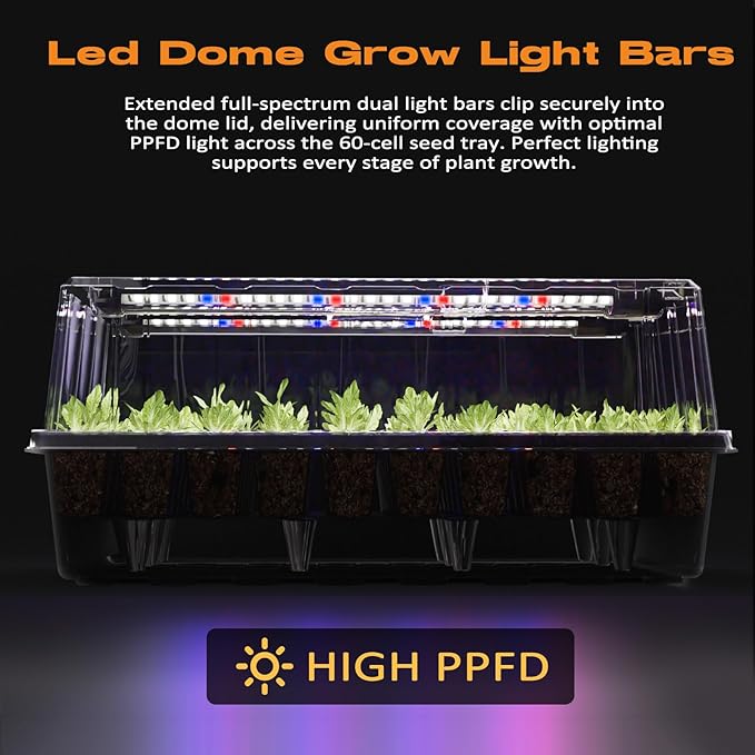 60-Cell Self-Watering Seed Starter Tray with Grow Light, Seed Starter Kit with 4.07” Humidity Dome, Indoor Seedling Starter Tray, Seed Starting Tray for Plant Germination, Seeds Growing