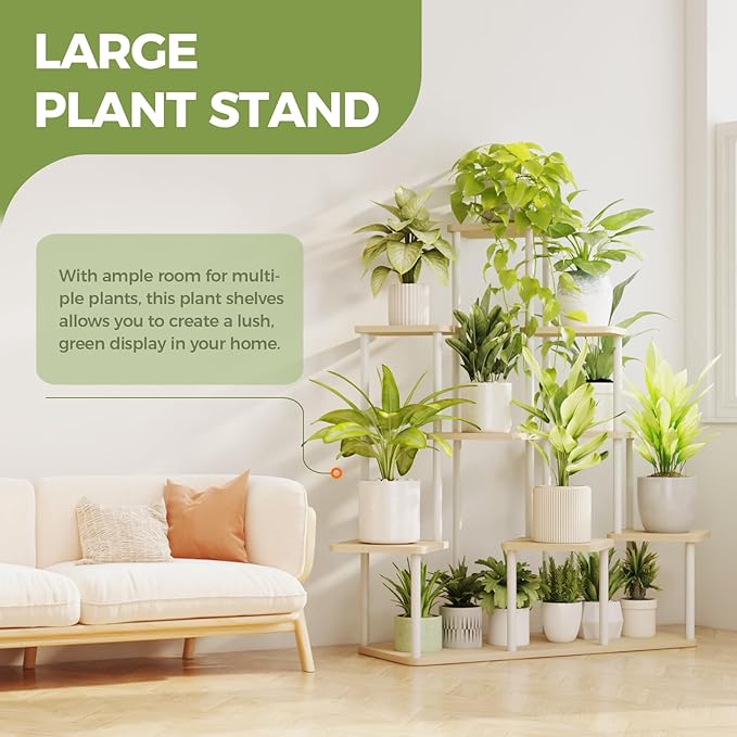 Bamworld Large Plant Stand Indoor, 9 Tier Tall Metal Plant Shelf for Multiple Plants, Tiered Flower Stand for Patio Garden Balcony Living Room Bedroom(White)