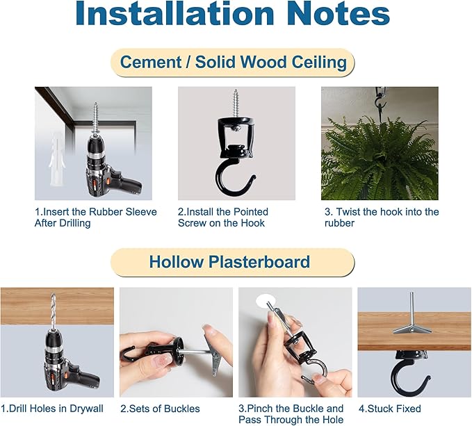 Ceiling Hooks for Hanging Plants (4 PCS Black),Heavy Duty Metal Plant Hooks, Screw in Hooks for Hanging Birdfeeders, Lamps, Planters, Outdoor Decorative Hooks up to 33 lbs
