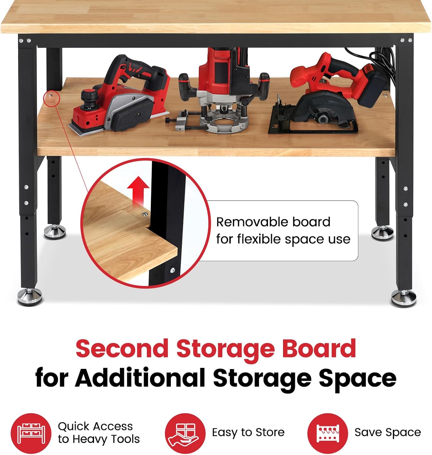 Adjustable Height Work Bench 48 x 20 Workbench for Garage Work Table with Under Table Shelf for Shop Woodworking, Heavy Duty Rubber Wood Top for Office, Home, Commercial