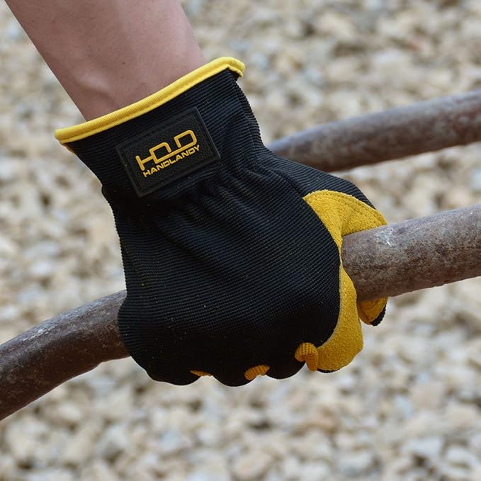 HANDLANDY Leather Work Gloves for Men & Women, Reinforced Durable Garden Gloves, Cowhide Working Glove for Gardening