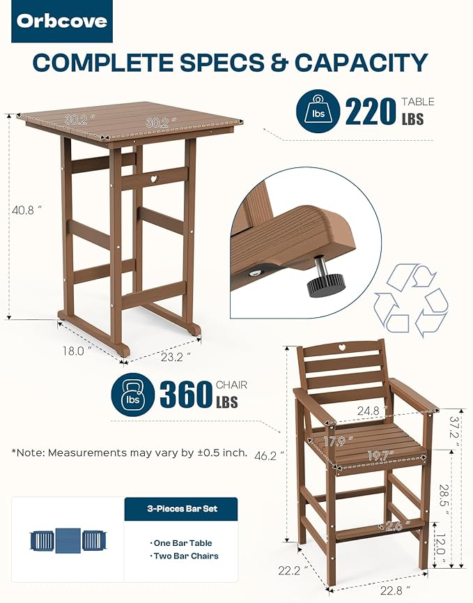 Adirondack Outdoor Bar Table, Durable HDPE Composite, Weather Resistant, Easy to Clean, Perfect for Backyard and Poolside Use, Teak