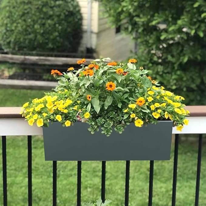 15 INCH Metal Railing Planter Boxes - Hanging Planter for Outdoor Balcony Fence, Durable All-Weather Use with Adjustable Brackets, Modern Décor for Flowers, Succulents, Hanging Plants, Grey