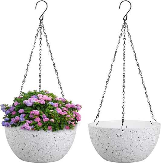 8 inch Hanging Planters for Small Indoor Outdoor Plants, 2 Pack Hanging Flower Pots with Drainage Holes and Chain for Garden Porch, Plastic Hanging Baskets for House Plants, Speckled White