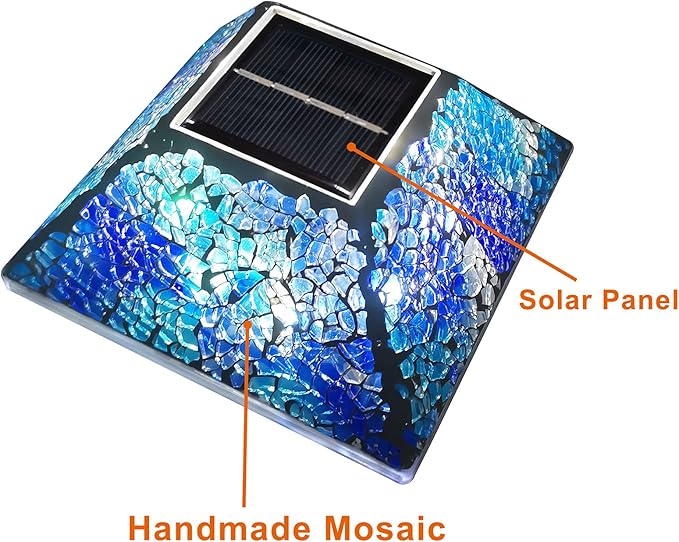 2PK Mosaic Solar Post Cap Lights Outdoor for 4x4, 3.5x3.5 Post Crackled Glass Deck Fence Lamp Weatherproof LED Light Decor in Garden, Yard, Outdoor Table, Balcony, Landscape- Cyan Blue