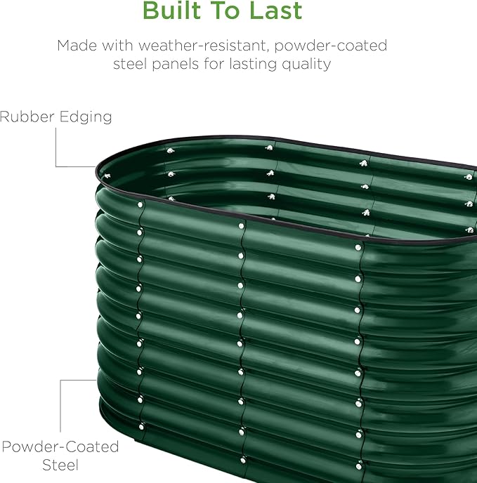 Best Choice Products 4x2x2ft Outdoor Metal Raised Garden Bed, Oval Deep Root Planter Box for Vegetables, Flowers, Herbs, and Succulents w/ 101 Gallon Capacity, Rubber Edge Guard - Dark Green
