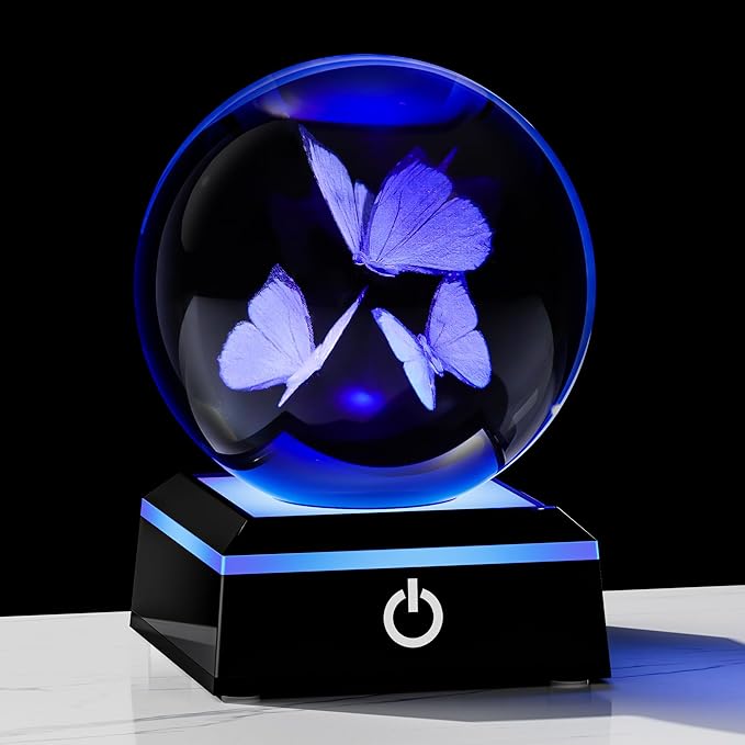 Qianwei Butterfly Gifts for Women 3D Crystal Ball 3.14'' - 80mm Laser Decor Glass Animals Figurines Statue for Room Decorations Night Light