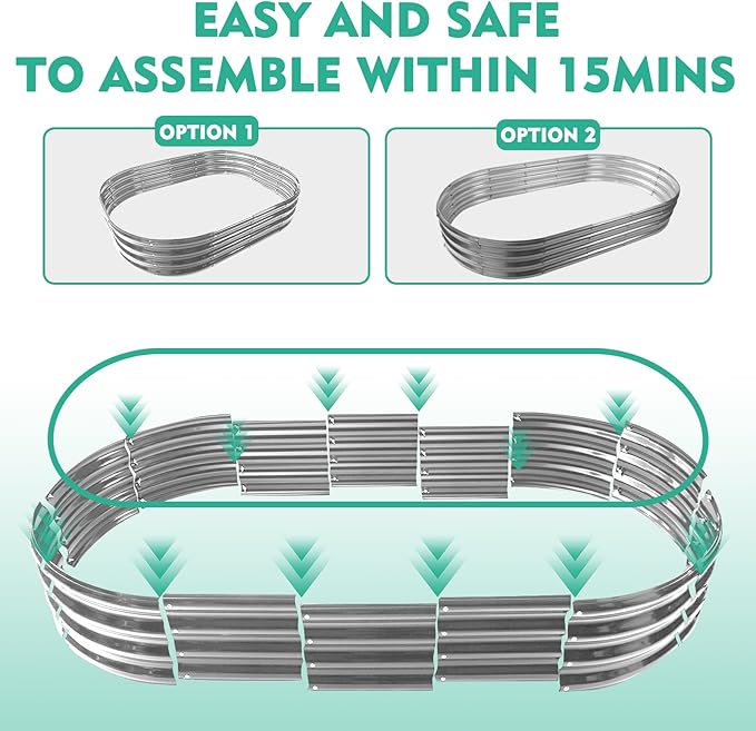 72X36X12 Inches Oval Galvanized Metal Garden Raised Bed/Plant Box for Planting,36 Inches Diameter Metal Fire Pit Ring,Small Animal Fence-3 in 1 Modular Design in Silver (6X3X1 FT, Oval)