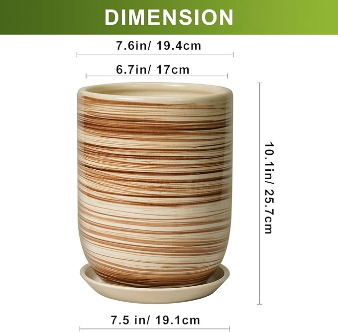 8 Inch Plant Pot, Ceramic Planter for Outdoor Plants, Large Plant Pot Indoor with Drainage Hole and Saucer, Modern Flower Pot for Home Garden Decor Yellow