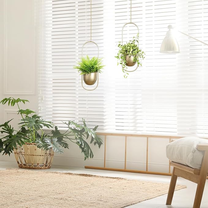 AceList Boho Hanging Planter for Indoor Plants - Set of 2 Gold Metal Wall Planter 5.7Inch with Hooks and Chins, Plant Hanger Decor for Window and Patio - Suitable for Hanging Plants Decor