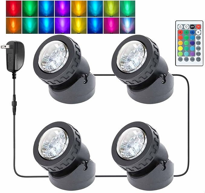 RGB Pond Lights, LED Fountain Light with Timer, Colored Underwater Fountain Lights Dim Adjustable Memory Spotlights for Outdoor Landscape Pond Fountain Waterfall, 4 in Set