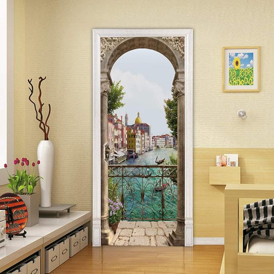 3D Door Stickers Murals - Landscape - Peel and Stick - Waterproof & Washable - Matt Finish - Modern Style - White - 33.9" x 78.7" - 2 Pieces