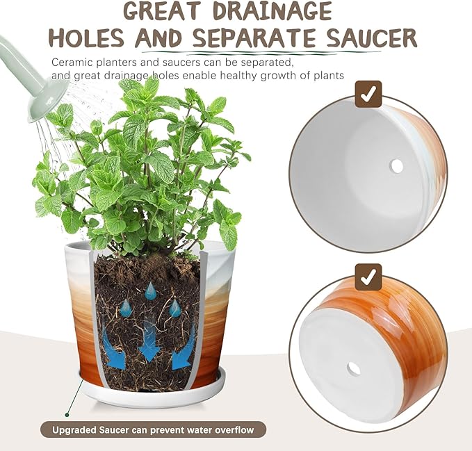 8 Inch Plant Pot, Ceramic Planter with Drainage and Saucer, Ceramic Pots for Plants, Indoor Plant pots, Flower pots，Modern Planter(Khaki + White)