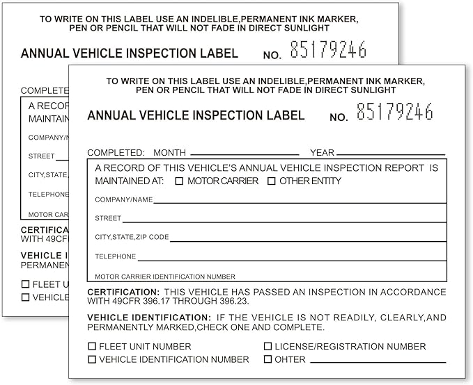 Annual Vehicle Inspection Label 50 Pack Interior Vehicle Inspection 2-Ply Adhesive Vinyl with Mylar Laminate 5" x 4" Meet DOT Requirements