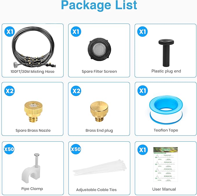 Bonviee Misters for Outside Patio, 100FT Misting Cooling System for Patio, 100FT (30M) Misting Line+28 Mist Nozzles+3/4" Brass Adapter, Pre-Assembled Garden & Greenhouse Watering System