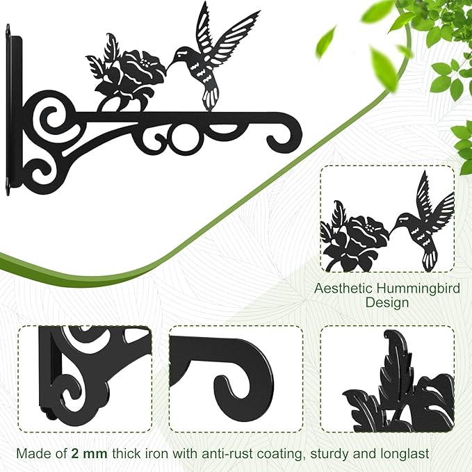 2-Pack 10 Inch Aesthetic Plant Hangers Outdoor – Metal Hanging Plant Bracket with Beautiful Hummingbird Pattern – Heavy Duty Plant Hooks for Hanging Plants, Bird Feeder, Wind Chime, Lantern