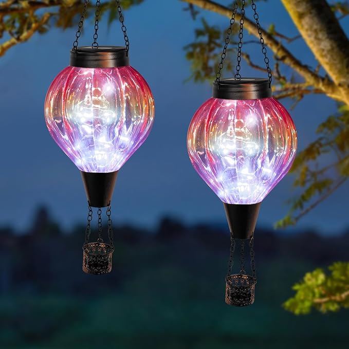 2PC Hot Air Balloon Solar Lantern Outdoor Waterproof, Gradient Orange Glass Balloon Lantern Lights, Hanging Solar Lights for Outside Patio Garden Tree Porch Yard Gift for Women Mom