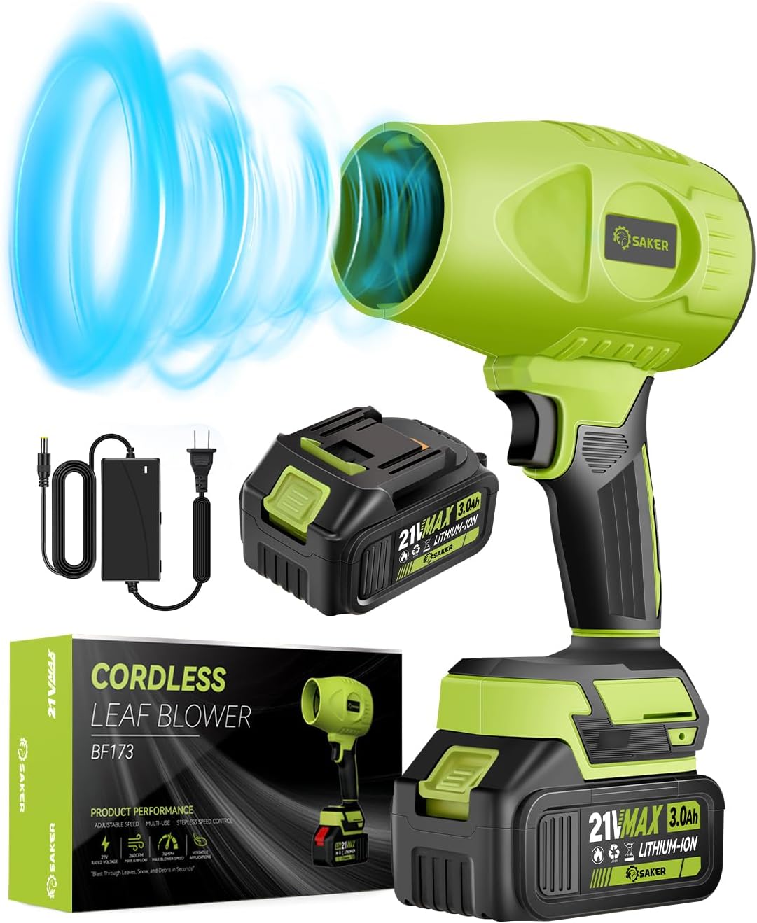 Saker Cordless Leaf Blower Portable Dust Cleaner Handheld Blowers 2 x 4.0Ah Batteries 180000 RPM Air Duster with Adjustable Speed for Drying Patio Cleaning Green