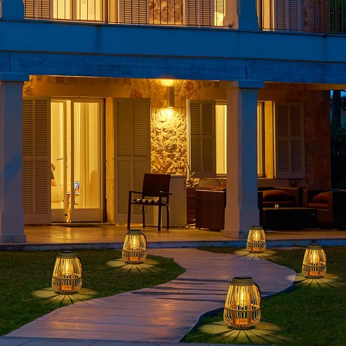 Solar Lanterns Outdoor Hanging Lights Waterproof Rattan Bamboo Solar Powered Light with Twine Handle Decorative Garden Table Lamp for Patio Yard Tabletop Tree Pathway Home Decoration