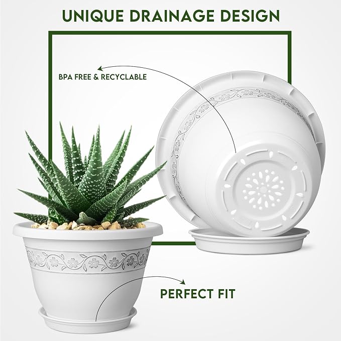 8 Inch Plant Pots with Drainage Hole - Lightweight Flower Pots for Herbs and Flowers - Home Decor Plastic Planters for Indoor Outdoor Plants- Pack of 6 (White, 8 inch)