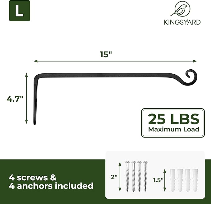 Kingsyard 2-Pack Wall Plant Hanger Outdoor - Heavy Duty Metal Hanging Bracket Hooks for Hanging Plant Bird Feeders Lanterns Wind Chimes Outdoor & Indoor, 15-Inch/Black