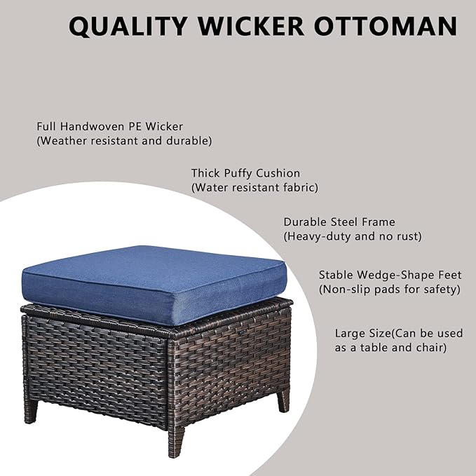 Outdoor Wicker Patio Furniture Set - 5 Piece Rattan Patio Conversation Set with 2 Rocking Swivel Chairs,2 Ottomans and 1 Loveseat for Porch Deck Backyard Garden(Brown/Blue)