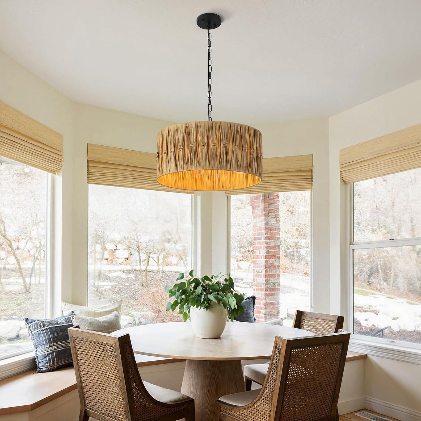 5-Light Boho Chandelier Light Fixture, 18.5" Large Raffia Drum Chandelier Hand Woven Coastal Pendant Light for Dining Room Kitchen Entryway Foyer Bedroom