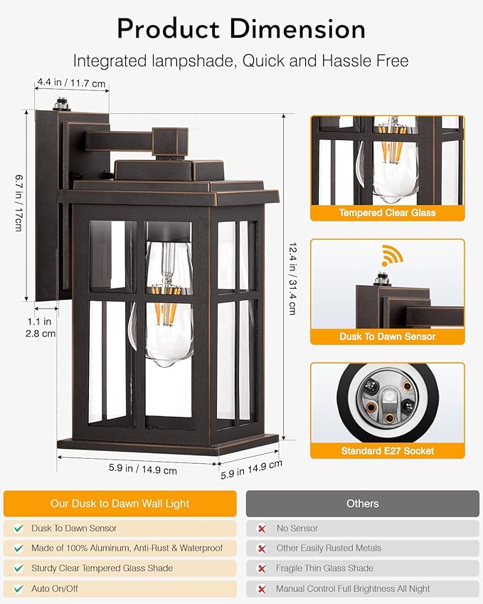 Anti-Rust Dusk to Dawn Outside Lights, 2-Pack Oil Rubbed Bronze Exterior Lighting Fixtures, Easy-to-Install Waterproof Modern Outdoor Wall Light for Porch, Garage, Front Door