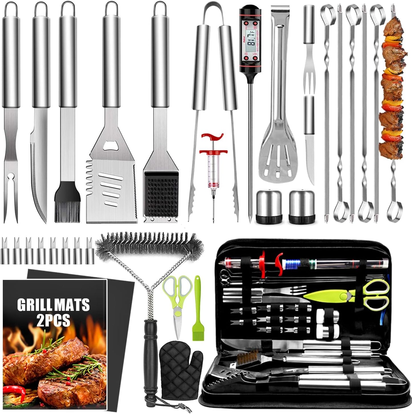 34Pcs Grill Accessories Grilling Gifts for Men, 16 Inches Heavy Duty BBQ Accessories, Stainless Steel BBQ Tools with Thermometer, Grill Mats for Backyard, BBQ Set for Men Women