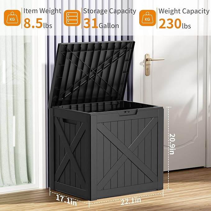 DRATO 32 Gallon Deck Box X pattern, Outdoor Storage Box for Patio Cushion, Sports Equipment, Garden Tools,Waterproof Patio Storage box, Lockable
